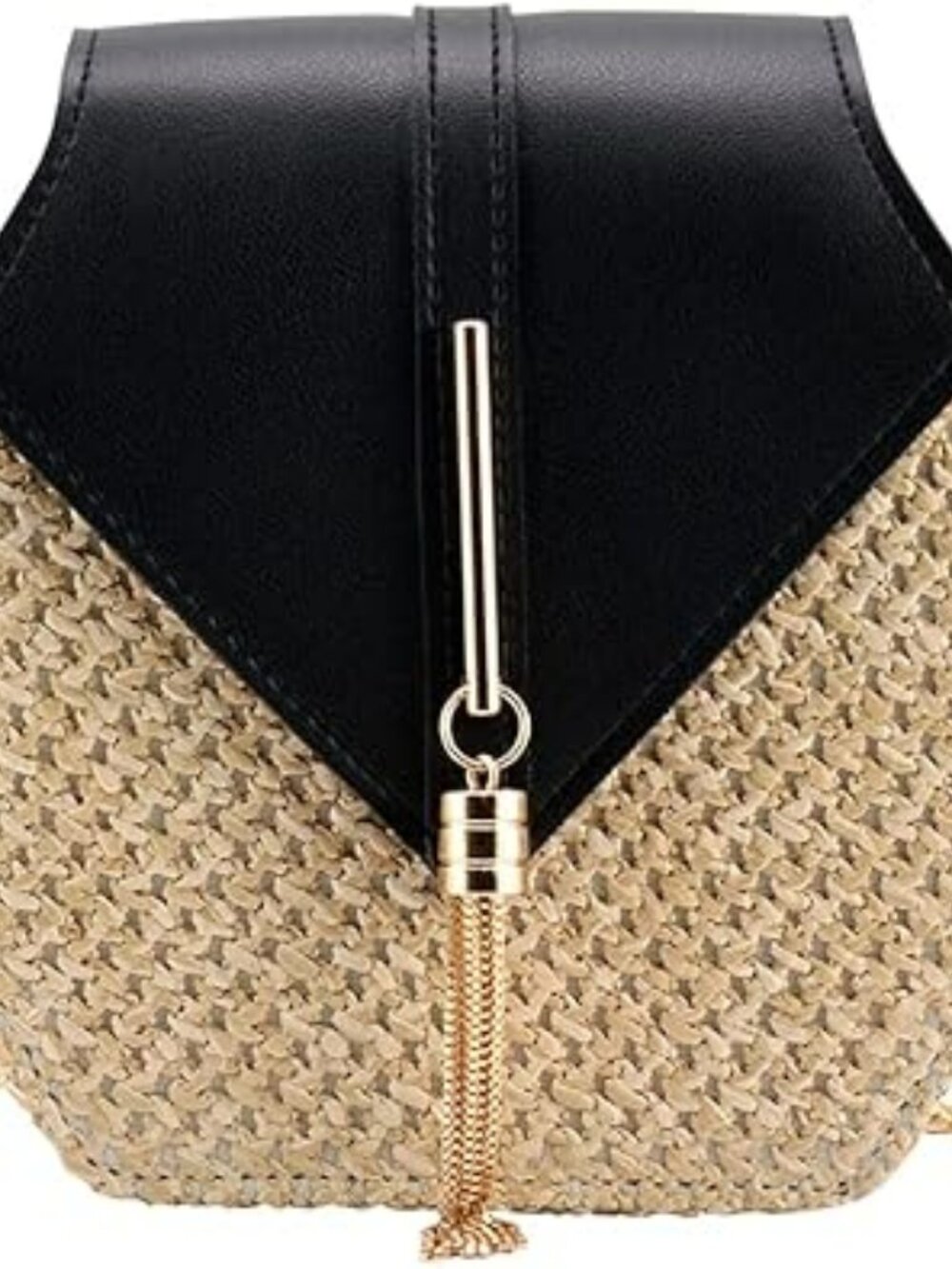 Women's Crossbody Bag Straw Shoulder Bag Black and Gold Accents